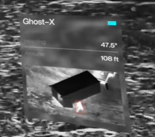 Reconnaissance feed: Ghost-X telemetry card over an aerial view, with a detected person marked